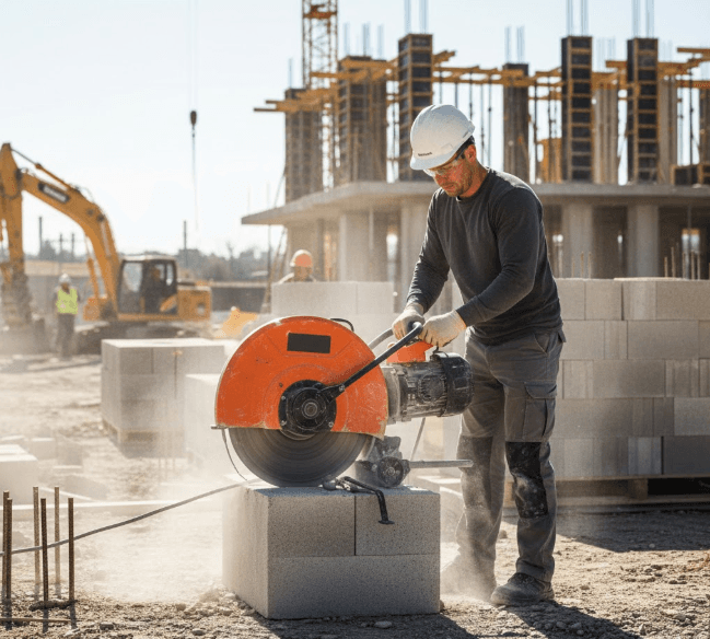 masonry block saw cutting concrete block on construction site