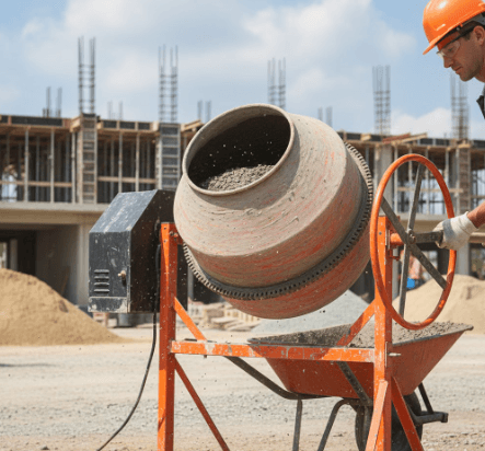 construction concrete mixer rotating drum on jobsite