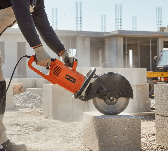 contractor operating masonry block saw cutting concrete pavers