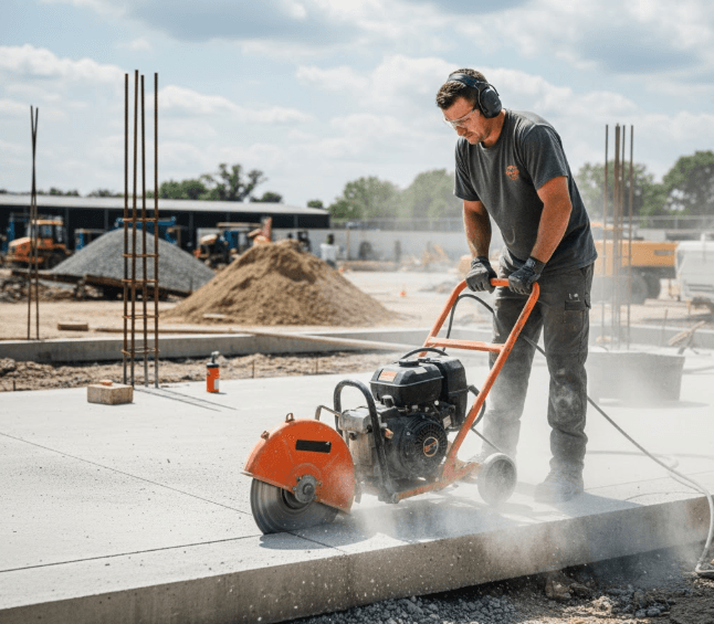 walk behind concrete saw cutting pavement on construction site