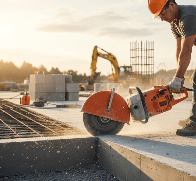 construction worker operating walk behind concrete saw on roadway
