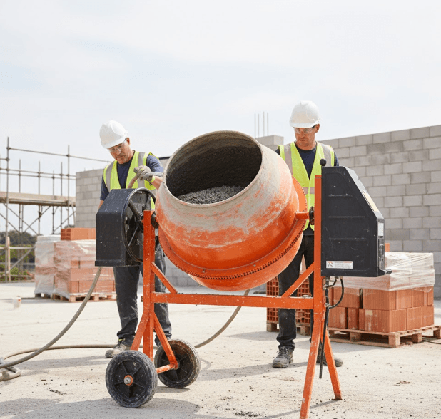 portable mortar mixer blending cement and sand on construction site