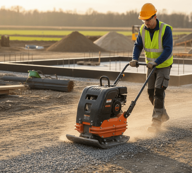 construction worker using plate compactor on gravel base