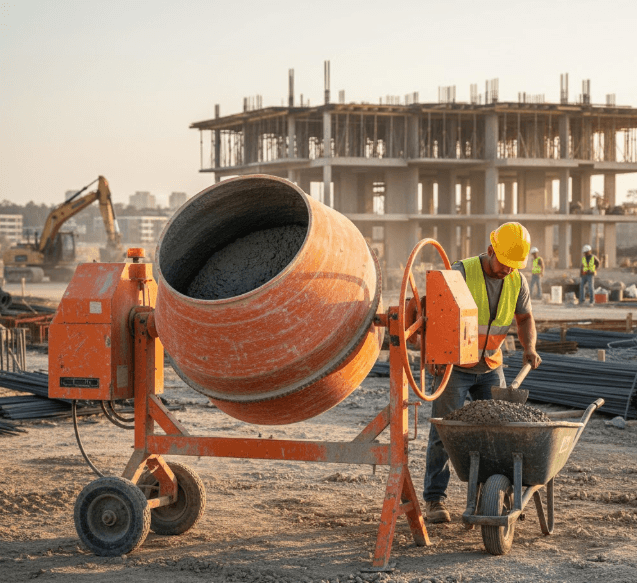 portable concrete mixer operating on construction site